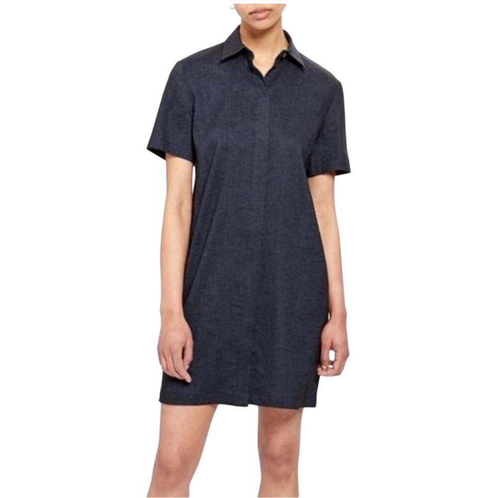 Theory Button Down Up Dress Navy Melange Eco Textured Linen Pockets Sz L